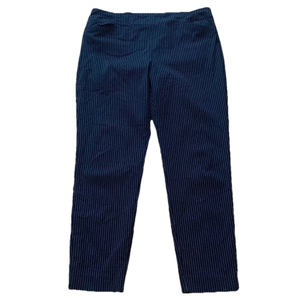 Chico’s Navy Blue Pinstripe Ankle Pull On Pants Size 16T Career Tapered Pockets